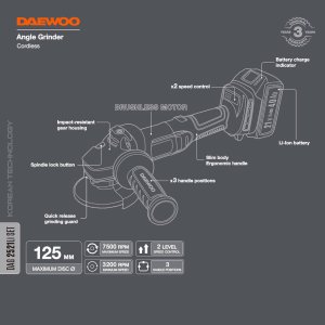 Угловая шлифмашина DAEWOO DAG 2521Li SET с АКБ 4 Ач и ЗУ